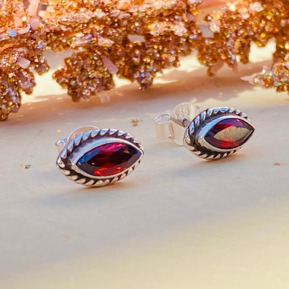 Garnet Gemstone Stud Earrings 925 Sterling Silver